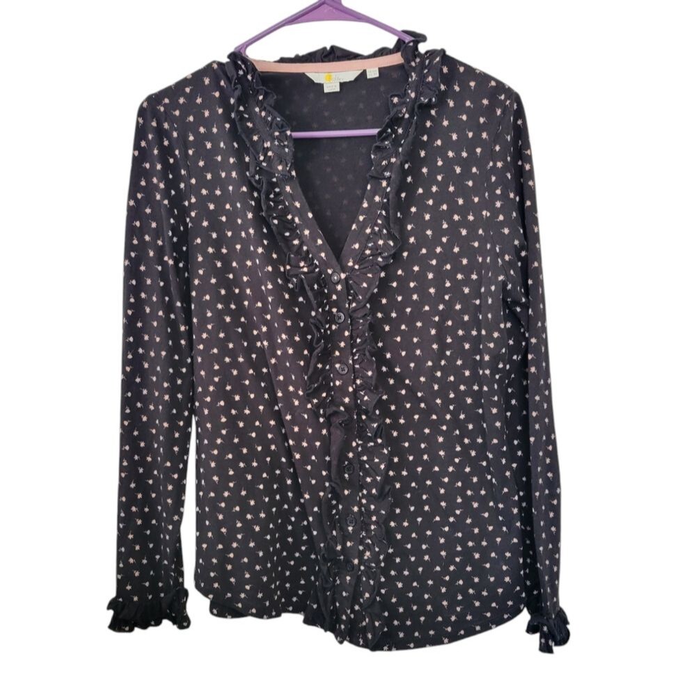 Boden Alberta Ruffle Detail Jersey Knit Top Size 8 Black/Blush Floral